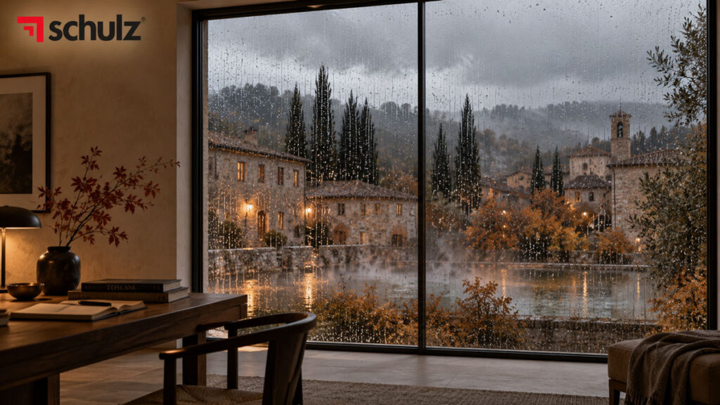 Finestra panoramica chiusa durante un temporale autunnale in Toscana