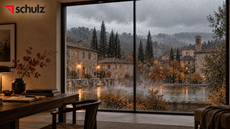 Finestra panoramica chiusa durante un temporale autunnale in Toscana
